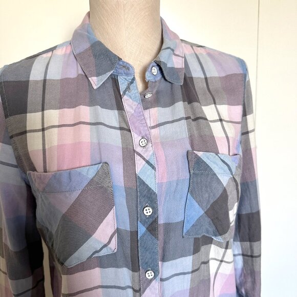 Only Blue Behavior Pastel Plaid Shirt Womens Size 36 Button Down Long Sleeve - Picture 2 of 6